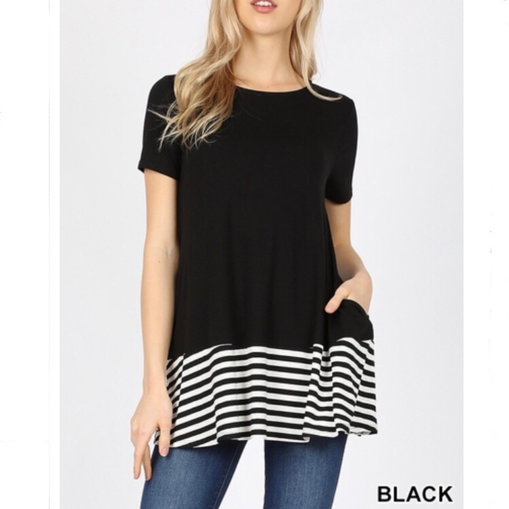 New Black Premium Short Sleeve Striped Top Pockets